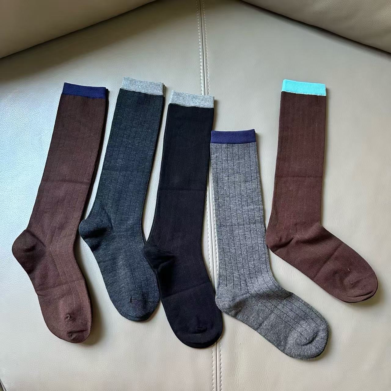 韩版秋窄口拼色宽条及膝袜中筒袜运动长筒半腿堆堆小腿袜直播