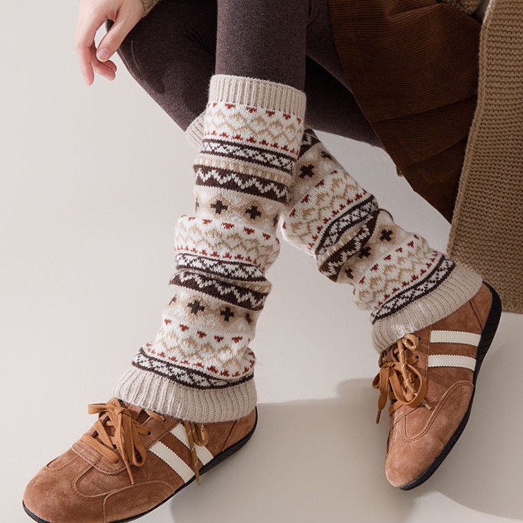 森系复古堆堆袜套民族风中长护腿套女日系秋冬保暖撞色针织脚套