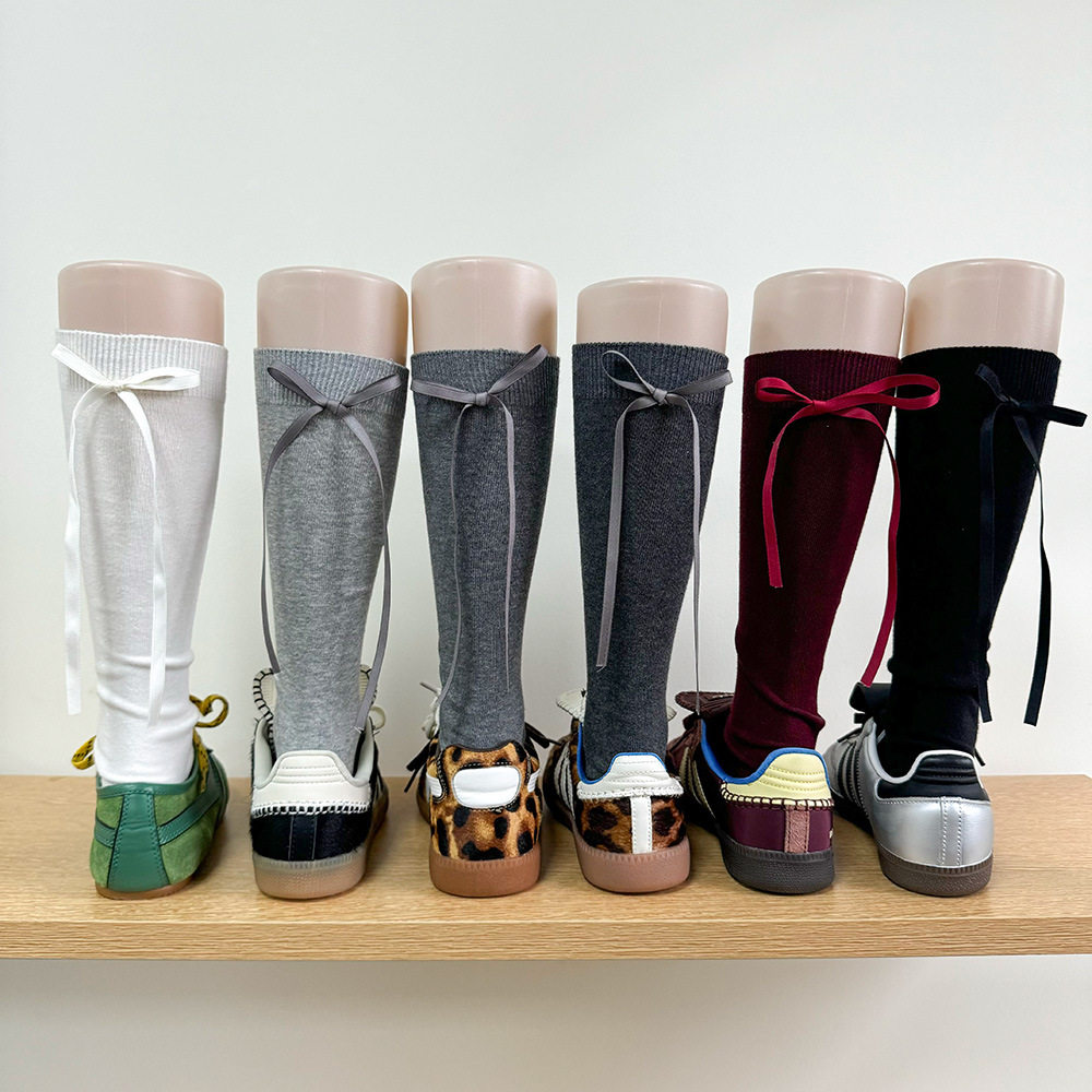 ins韩国简约加厚款安克拉红棉小腿袜蝴蝶结飘带手工袜中筒袜子女