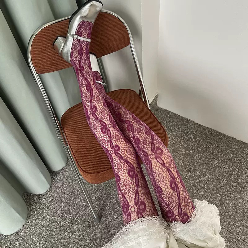 小众设计师款双色紫色提花蕾丝打底连裤袜少女性感丝袜镂空裤袜女