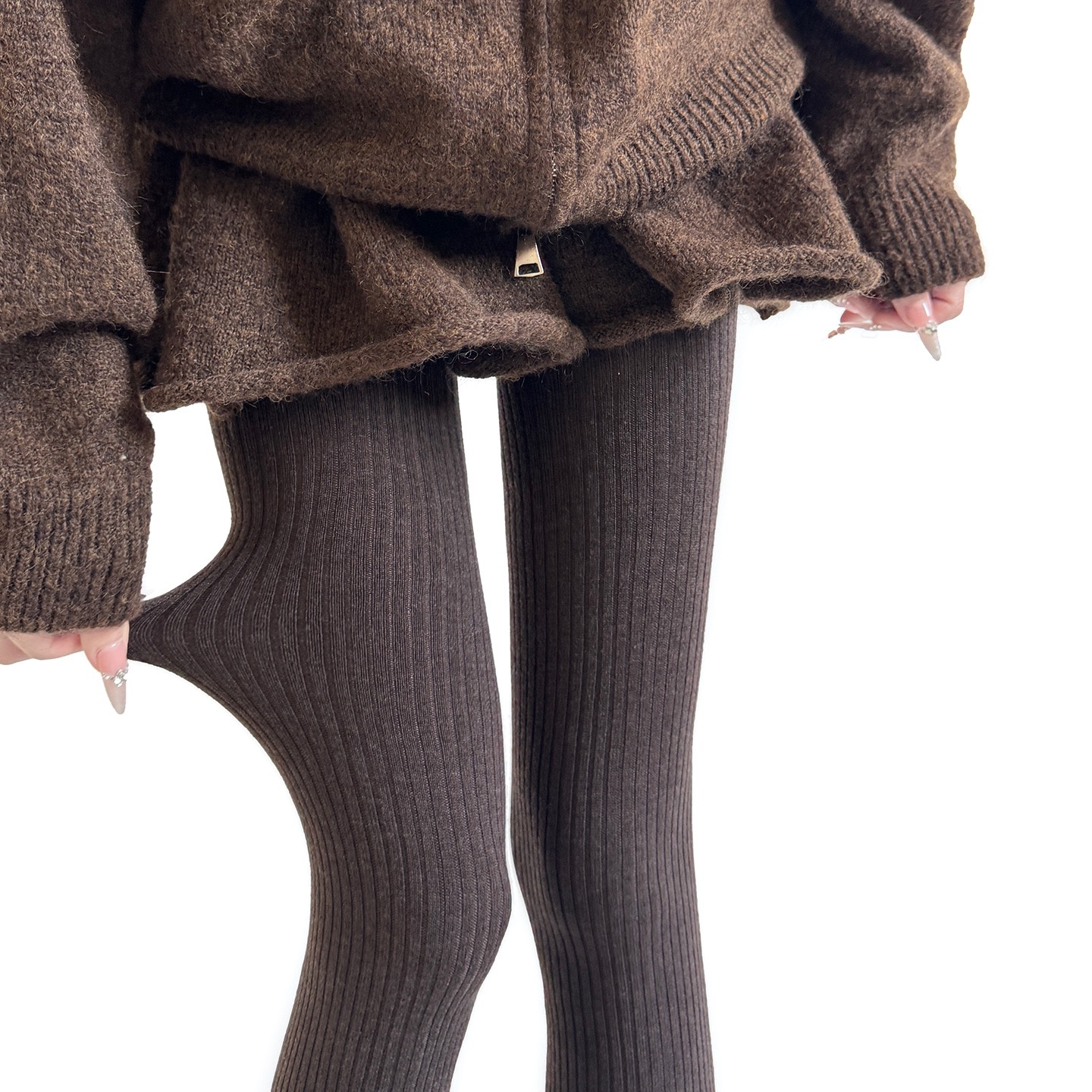 秋冬竖纹保暖加绒羊毛打底裤咖色百搭简约拉绒连裤袜灰色踩脚袜裤