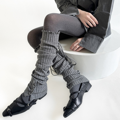 秋冬设计感纽扣走秀款绑带百搭显瘦小众宽条堆堆腿套灰色小腿袜套