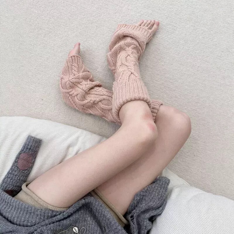 粉色麻花袜套女秋冬加厚保暖腿套温柔感翻边护腿粗线针织堆堆袜