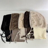 欧美风仿兔毛拼接毛线巴拉克拉法帽女冬季 户外加绒保暖护耳套