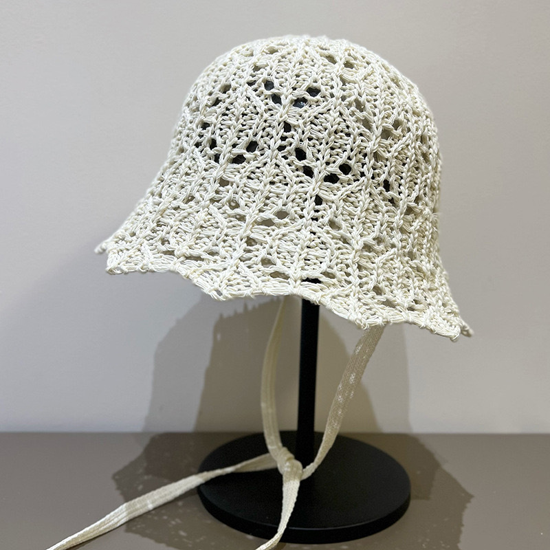 夏季新款透气蕾丝飘带草编渔夫帽女薄款镂空系带百搭手工编织