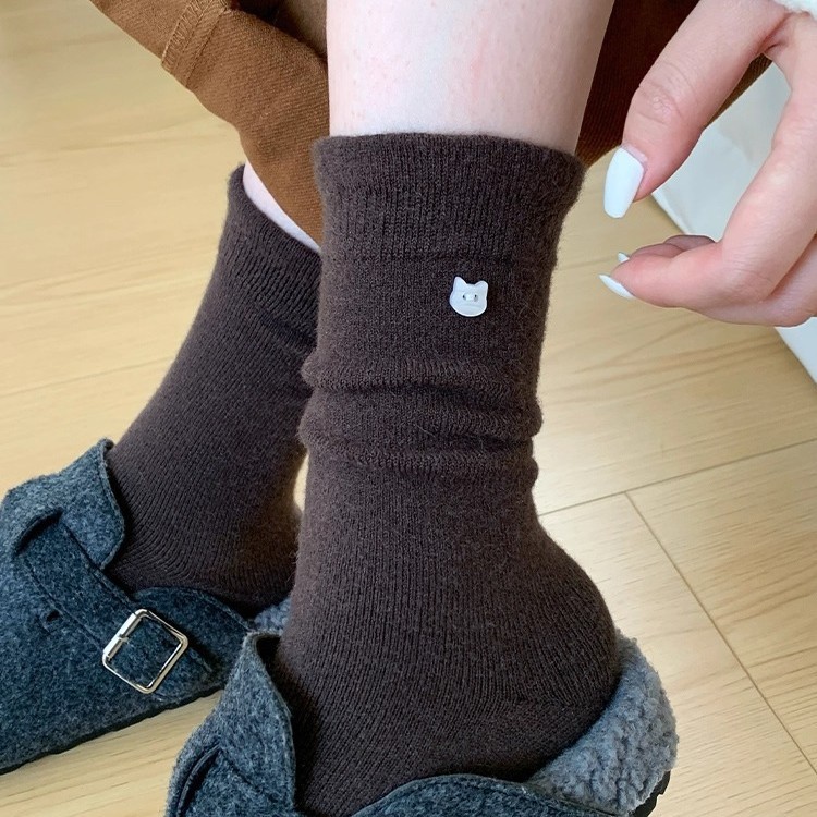 可爱猫咪毛绒保暖袜子女中筒袜秋冬款加厚加绒羊毛日系少女堆堆袜
