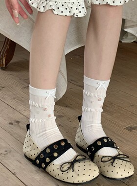 白色碎花纯棉袜子女甜美少女芭蕾风春夏薄款蝴蝶结堆堆袜中筒袜