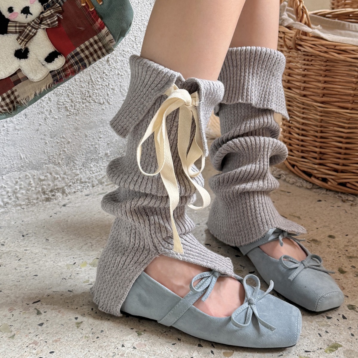 芭蕾风绑带蝴蝶结少女袜套韩版日系jk学院风开叉针织堆堆袜腿套女