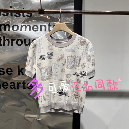 衣播针织衫BDS2SD2099商场同款2025夏绣花圆领短袖套头衫猫咪森林