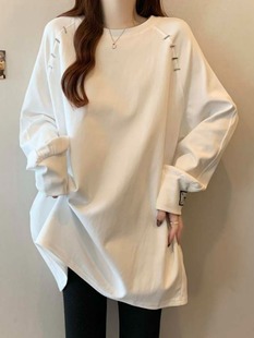 白色打底衫正肩长袖T恤女春秋大码胖mm宽松中长款遮屁股内搭上衣