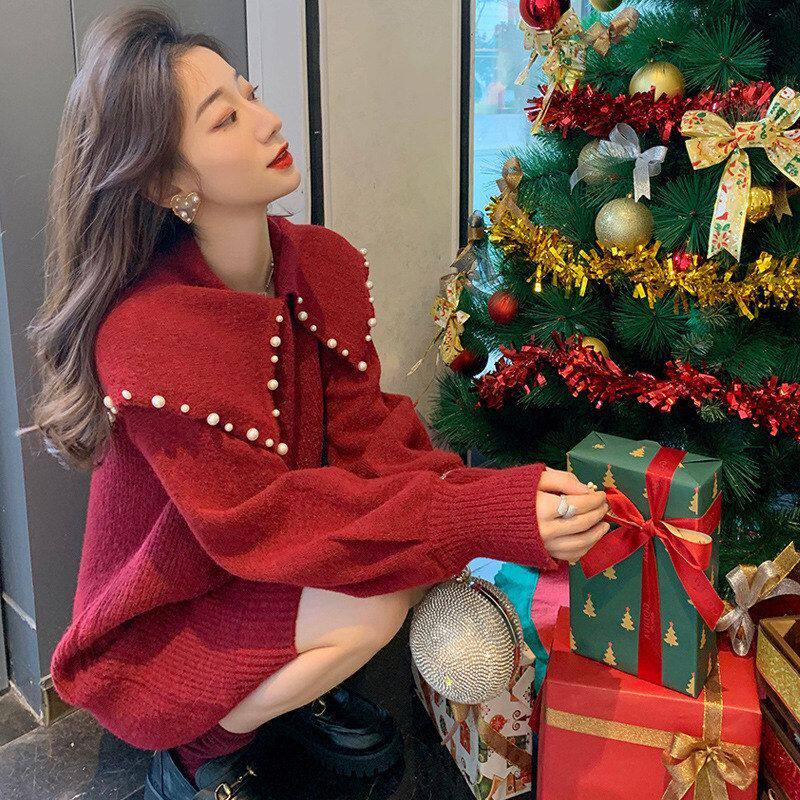 欧洲站2024秋冬宽松圣诞毛衣裙