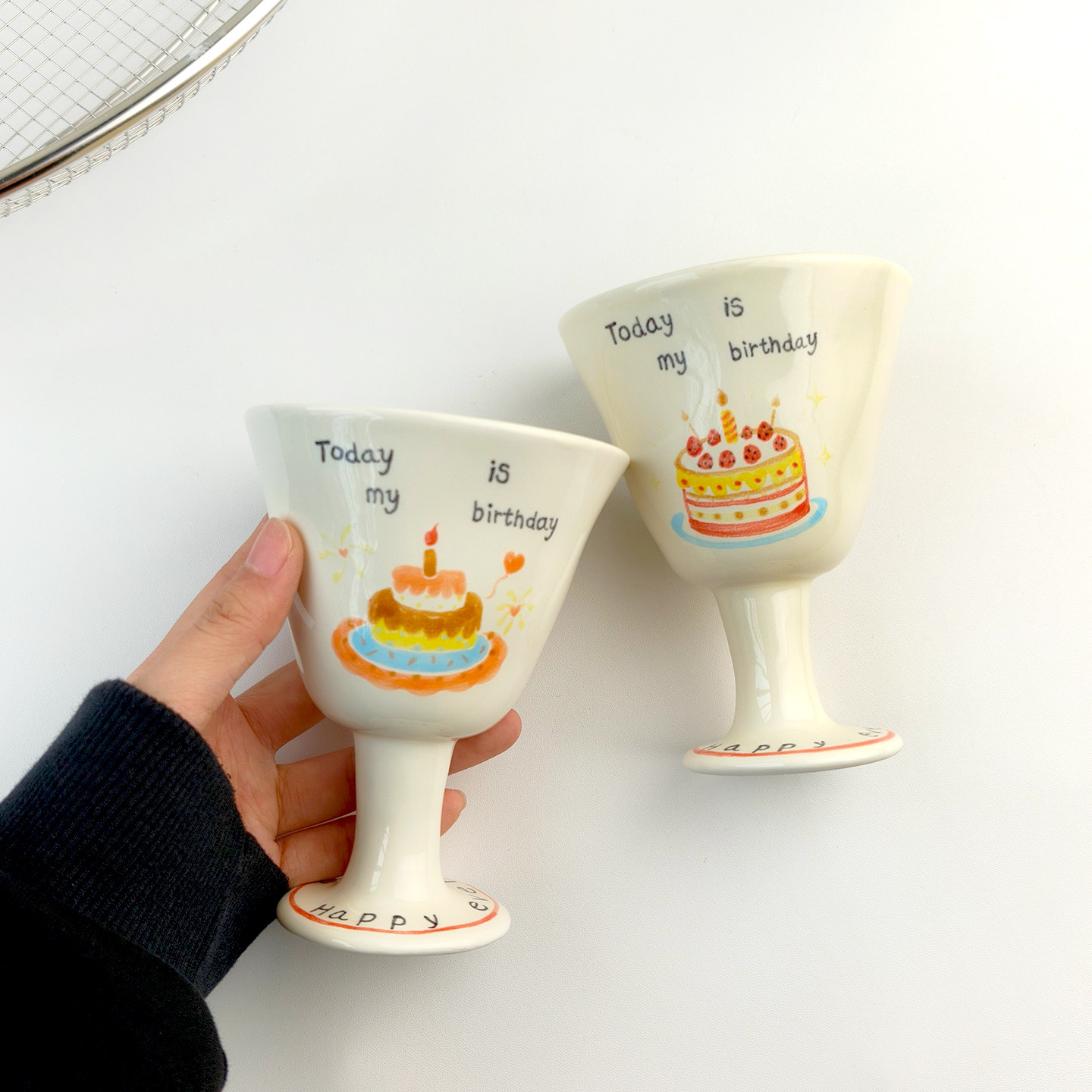 高颜值手绘釉下生日高脚杯陶瓷杯