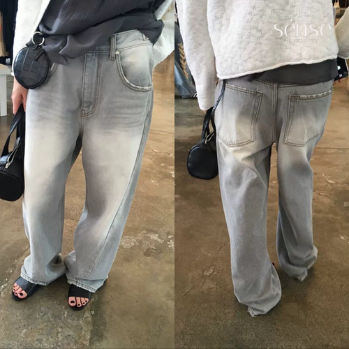 做旧水洗高腰直筒宽松牛仔裤长裤