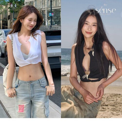 卷边袖口显瘦辣妹背心上衣