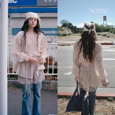 蕾丝拼接系带长袖衬衫/连衣裙女