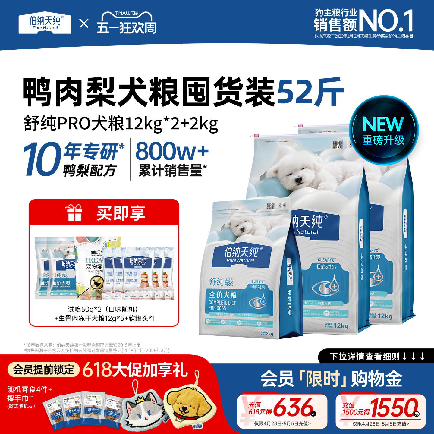 【舒纯2.0升级款】伯纳天纯生骨肉冻干狗粮成犬幼犬鸭肉梨26kg