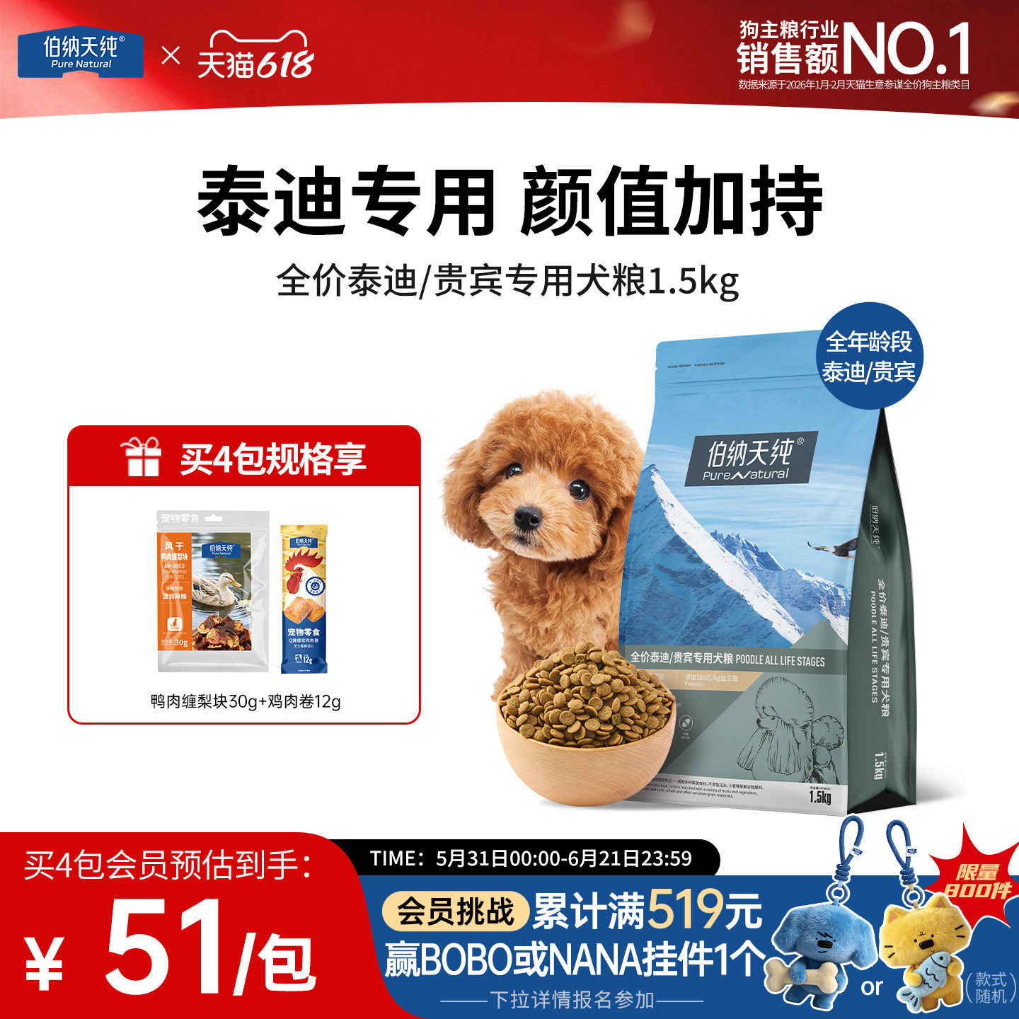 伯纳天纯经典狗粮全价贵宾泰迪专用粮小型犬天然粮1.5kg