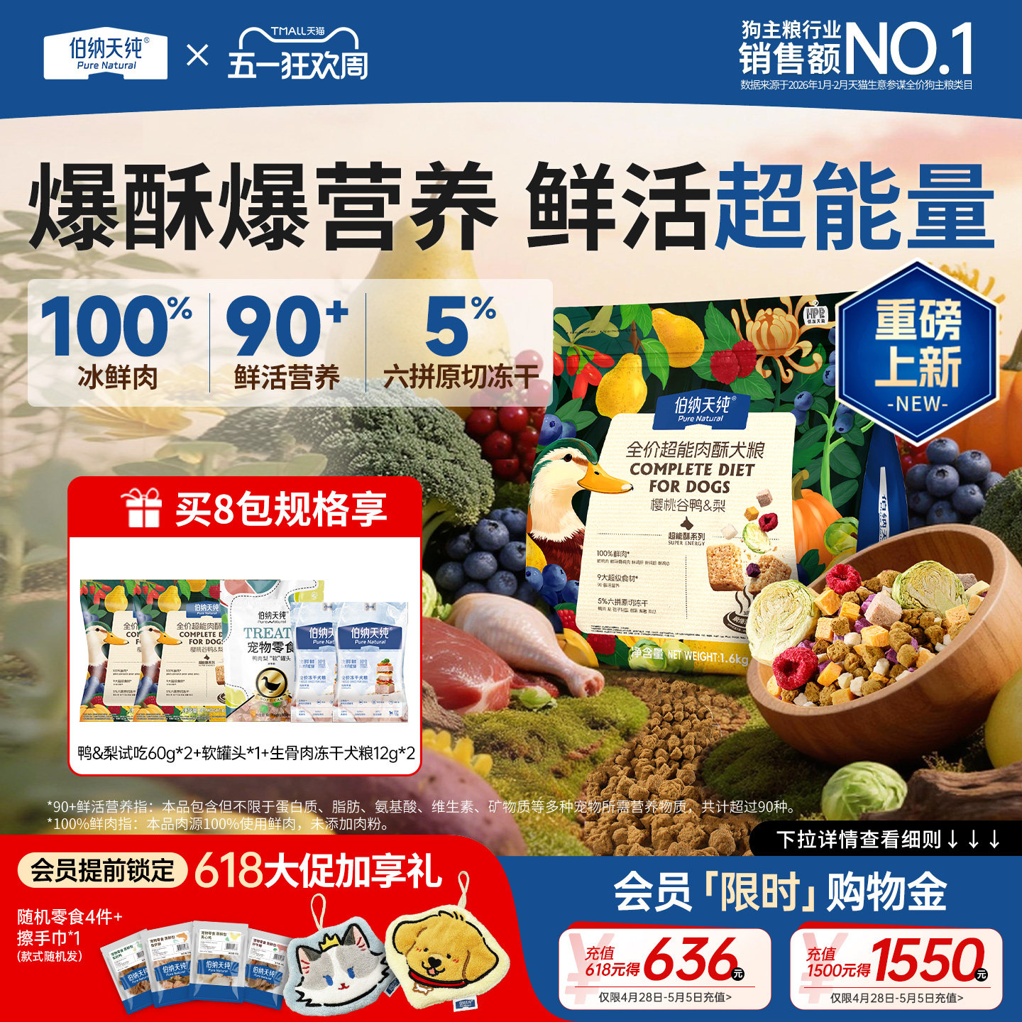 伯纳天纯超能酥鲜肉冻干狗粮鸭肉梨小型犬中大型犬通用粮成犬幼犬