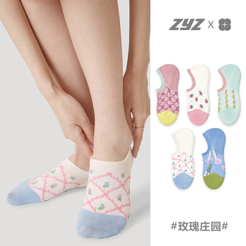 文艺复兴袜子女花卉少女短袜春夏季薄款棉袜防滑不掉脚隐形船袜潮,女士内衣/男士内衣/家居服,船袜,淘宝优惠券,粉丝福利购,淘宝优惠卷