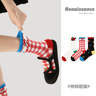Renaissance原创女袜春夏季 柿柿甜猫中筒袜花边无骨精梳棉袜子女
