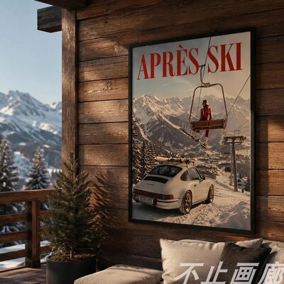 skiing PRINT滑雪场美式复古怀旧海报装饰画无框画snowboarding