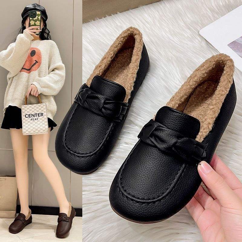 加绒豆豆鞋女2025冬季新款软底软面妈妈平底皮鞋保暖百搭棉鞋