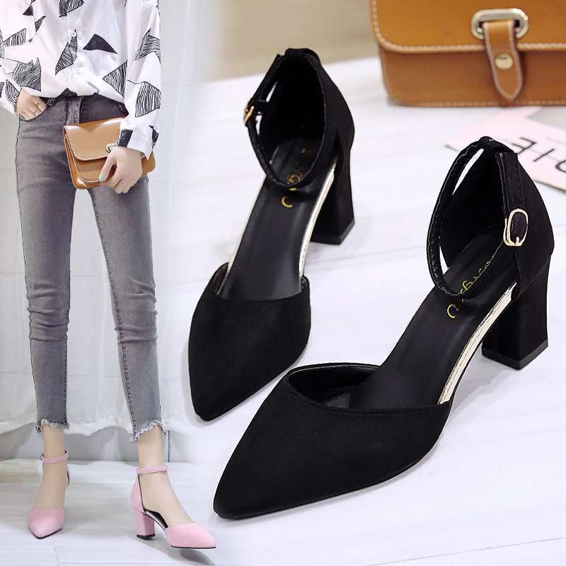 2025春夏季新款尖头包头仙女风凉鞋韩版百搭粗跟小清新高跟鞋女鞋