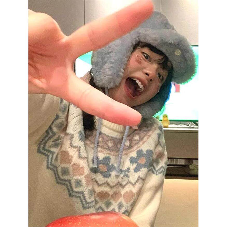 甜美费尔岛钩花圆领套头