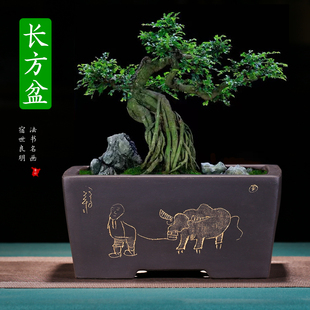 紫砂盆景花盆长方形假山盆大号仿古马槽盆老树桩透气陶瓷绿植花盆