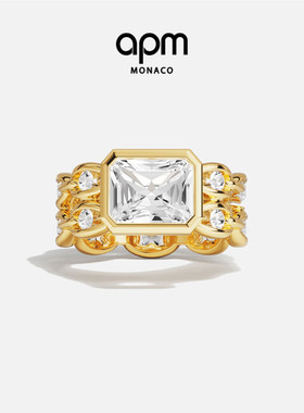 APM Monaco个性Éclat链环戒指金黄色宽版方形送人生日圣诞礼物