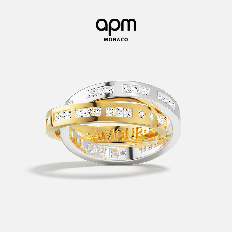 APM Monaco白色金黄色Morse AMOUR LOVE摩斯密码戒指双环情侣对戒图片