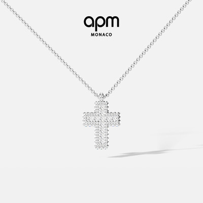 APM Monaco银白色密镶十字架可调节项链现代独特摩登个性新年礼物