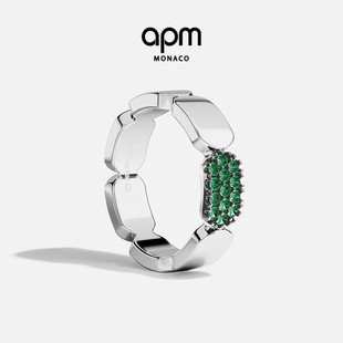 APM 设计感摩登中性风生日礼物 Monaco绿色精致戒指银白撞色个性