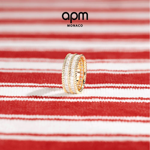 APM Monaco金黄色Cordage Pavé戒指密镶扭纹双层宽版设计感礼物