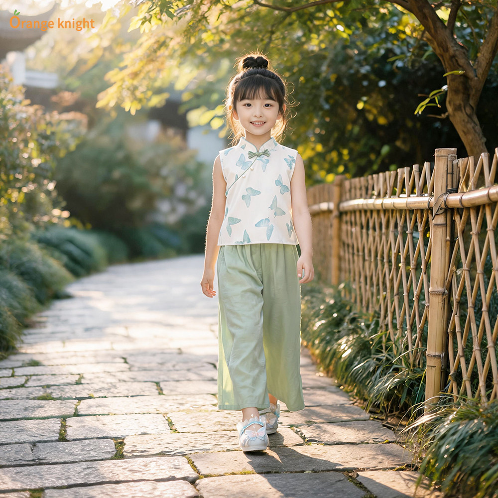 新中式女童无袖上衣两件套夏季新款国风汉服套装儿童古风旗袍套装