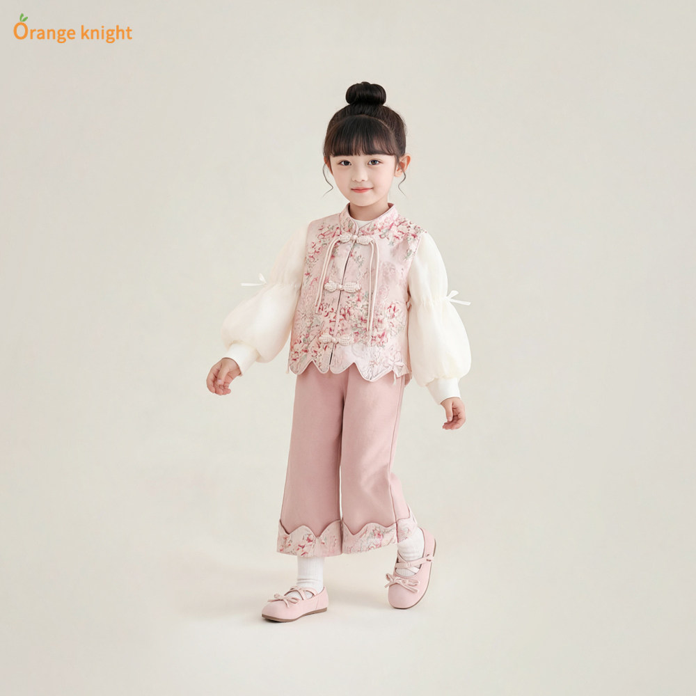 女童国风套装春秋季2026新款新中式旗袍式马甲三件套儿童唐装衣服