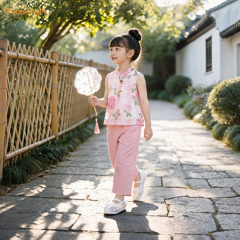 女童夏季新款旗袍套装新中式国风汉服两件套女孩薄款古风无袖夏装