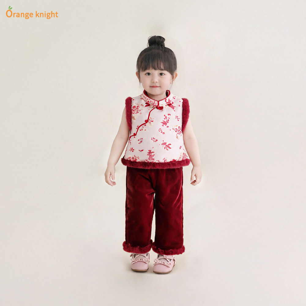 中国风小女孩加绒加厚生日拜年礼服两件套冬季新款童装女宝宝套装