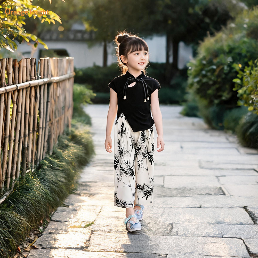 儿童新中式夏装女孩两件套国风短袖旗袍上衣搭水墨阔腿裤古风套装