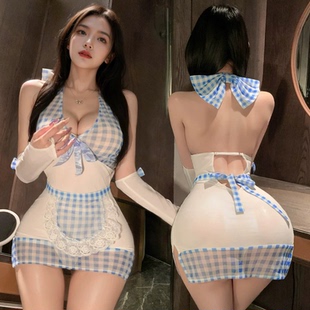 性感蝴蝶结挂脖睡衣露背绑带开叉短裙深V低领紧身格纹女仆包臀裙
