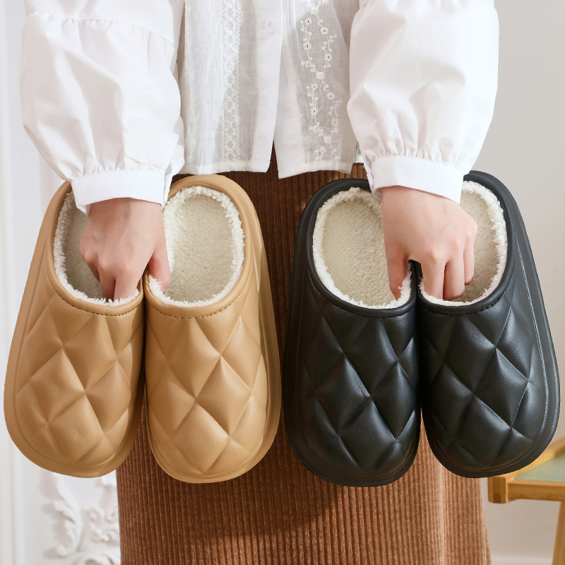 毛绒棉拖鞋女士2025新款加绒无跟可爱情侣居家月子冬季保暖拖鞋男