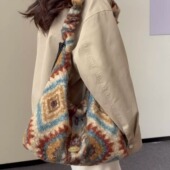 民族风毛呢毛绒包 秋冬新款 拉链可调节抽绳单肩斜挎包复古通勤包