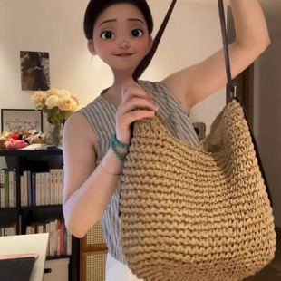 夏天懒惰风草编包2025新款 大容量单肩斜挎包海边沙滩包通勤编织包