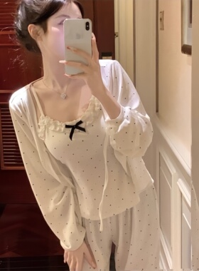 睡衣女带胸垫波点吊带长袖三件套性感纯欲风可外穿甜美家居服