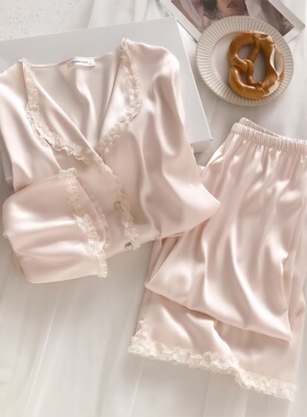 真丝睡衣女甜美小翻领长袖长裤套装春夏宽松秋冬简约家居服