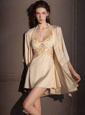 法式轻奢性感吊带蕾丝镂空睡裙女带胸垫睡衣高级感真丝家居服套装