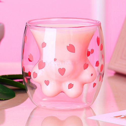 Cute Cat Paw Glass Mug Transparent Cup Double Layer Glass Co