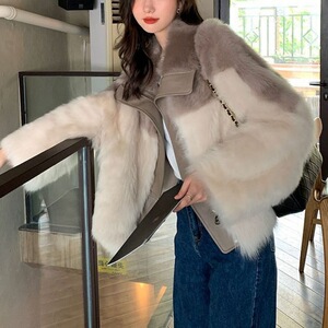 韩版环保皮2023冬季新款女外套毛毛上衣加绒加厚上档次洋气时尚