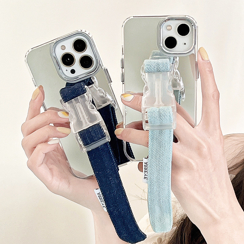 适用16promax苹果iPhone17promax手机壳15女款14牛仔腕带13防摔12镜子15pro保护套17pro少女13pm补妆神器潮牌