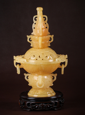 工厂直售黄龙玉玉石天然黄玉花熏摆件黄玉香薰摆件镂空精雕工艺品